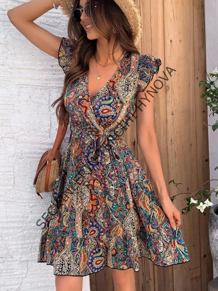 Kadın Kısa Kelebek Kollu Kruvaze Yakalı Süprem Elbise