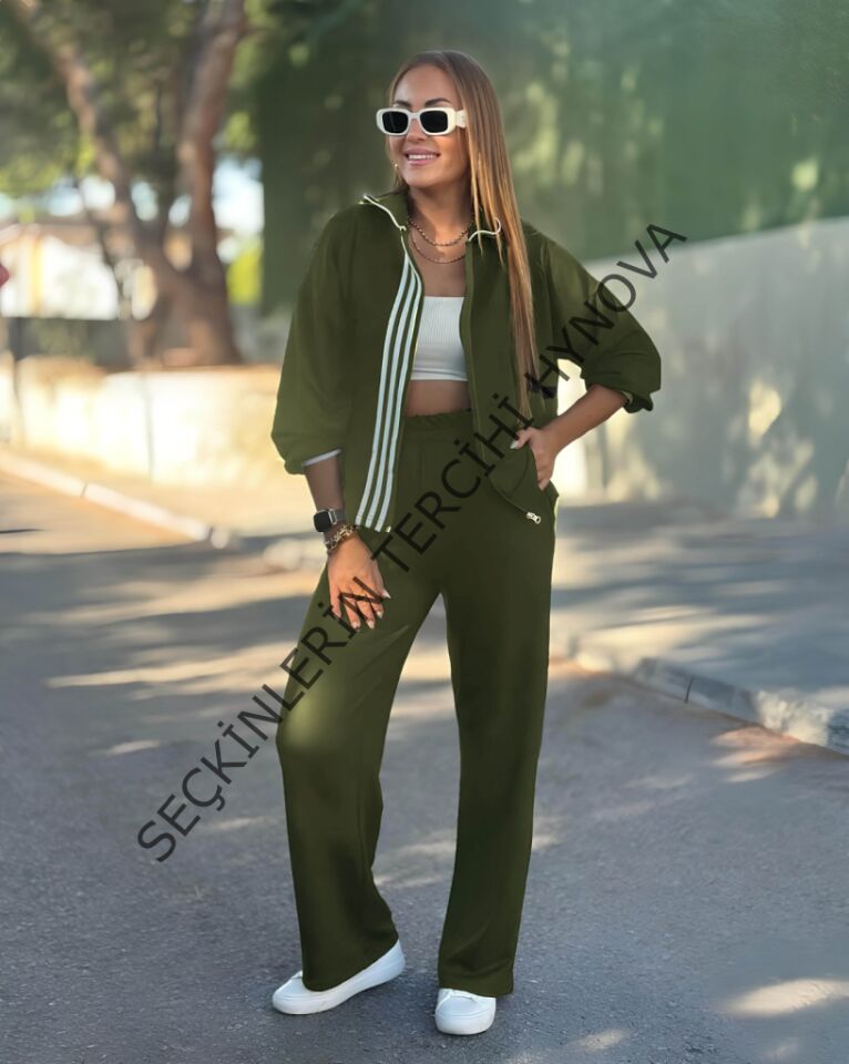 Kadın Uzun Kollu Kapşonlu Onu şerit Detaylı Fermuarlı Viskon Iki Iplik Bluz Ve Pantolon Ikili Takım