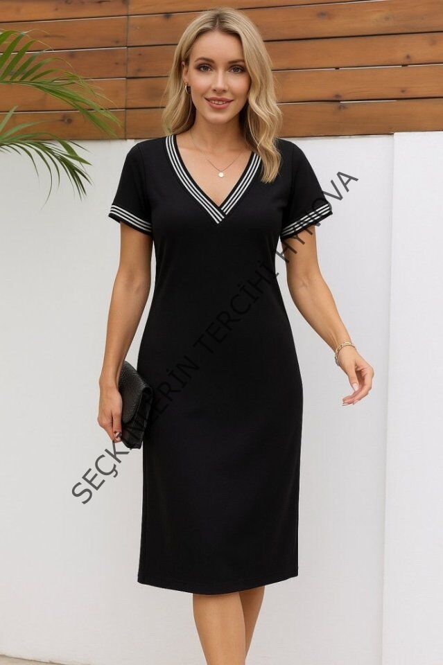 Kadın Kısa Kollu V Yakalı Yanlardan Yırtmaç Ve Düğmeli Viskon Iki Iplik Elbise