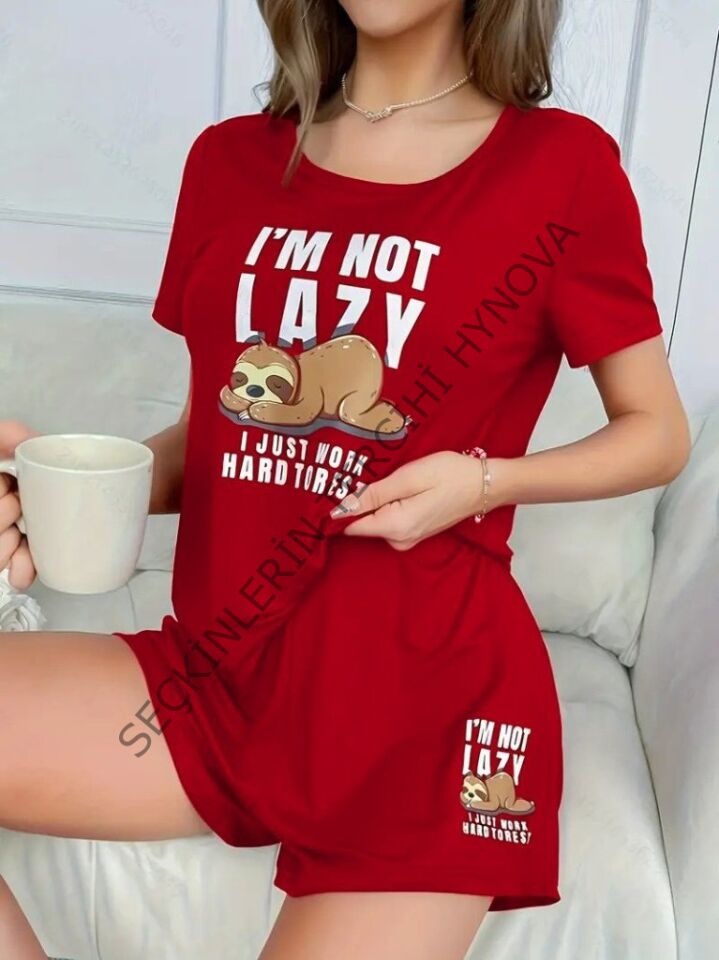 Kadın Kısa Kollu Bisiklet Yaka Baskılı Viskon Bluz Ve şort Ikili Takım