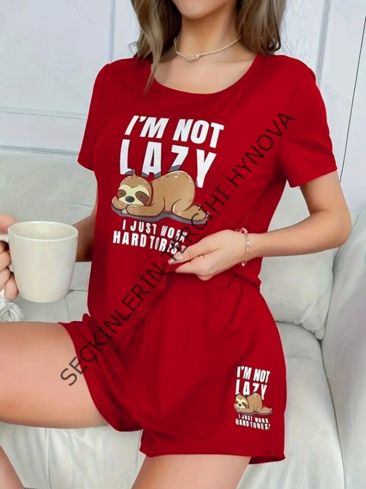 Kadın Kısa Kollu Bisiklet Yaka Baskılı Viskon Bluz Ve şort Ikili Takım