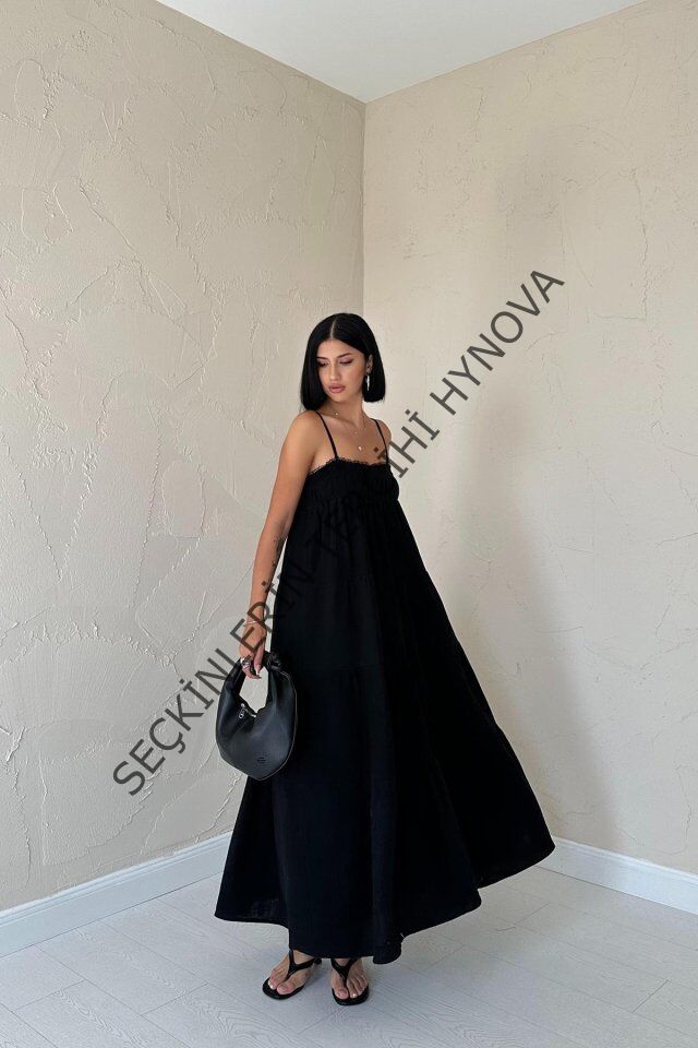Siyah Askılı Parçalı Müslin Elbise