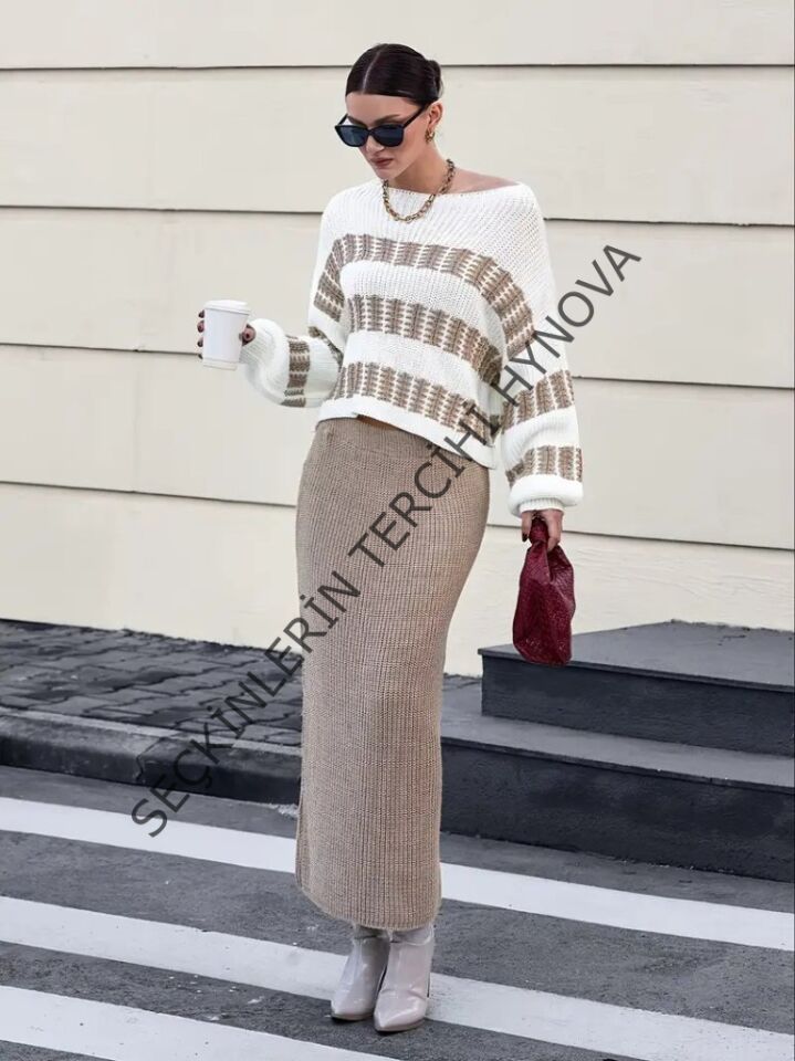 Kadın Uzun Kollu Kayık Yakalı Salaş Triko Bluz Ve Etek Ikili Takım