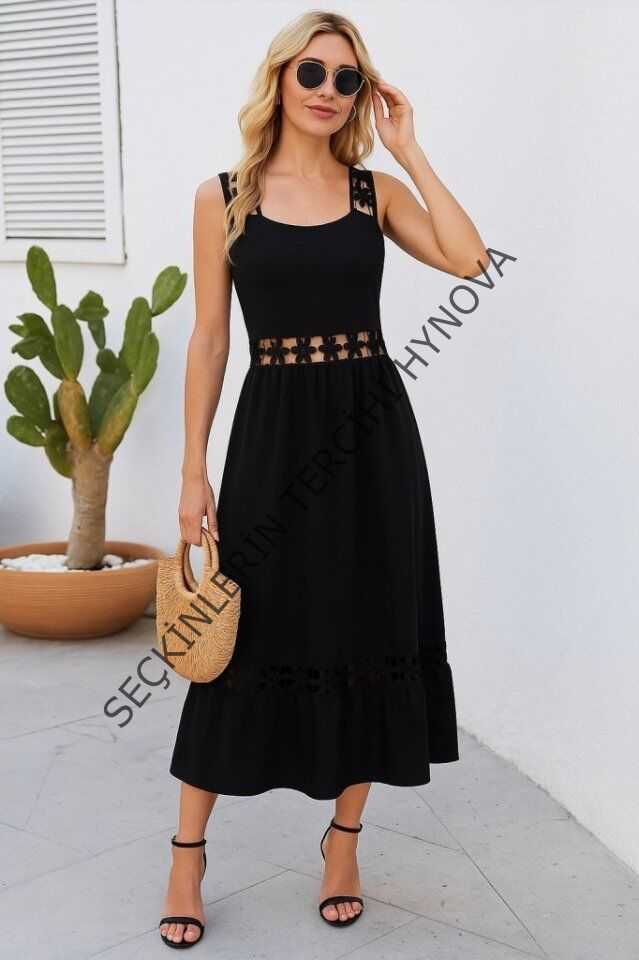 Kadın Askılı Dantel Detaylı Kiloş Janjan Krep Elbise