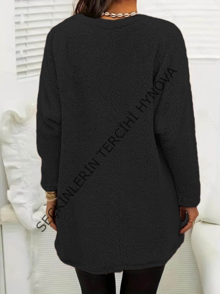 Kadın Uzun Kollu Yuvarlak Yakalı Cepli Peluş Bluz