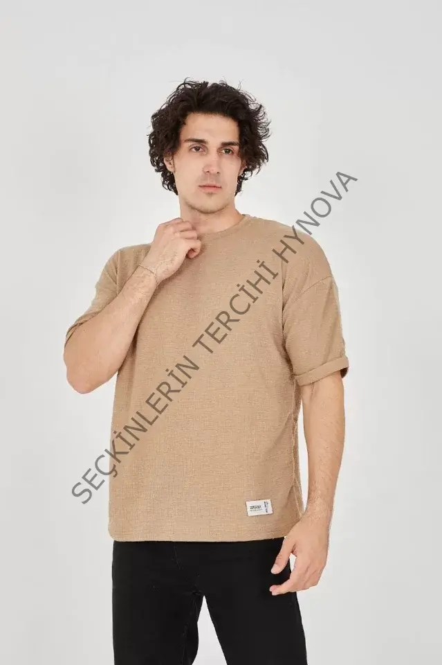 Unisex Jakar Kumaş Rahat Kol T-Shirt - Kahverengi