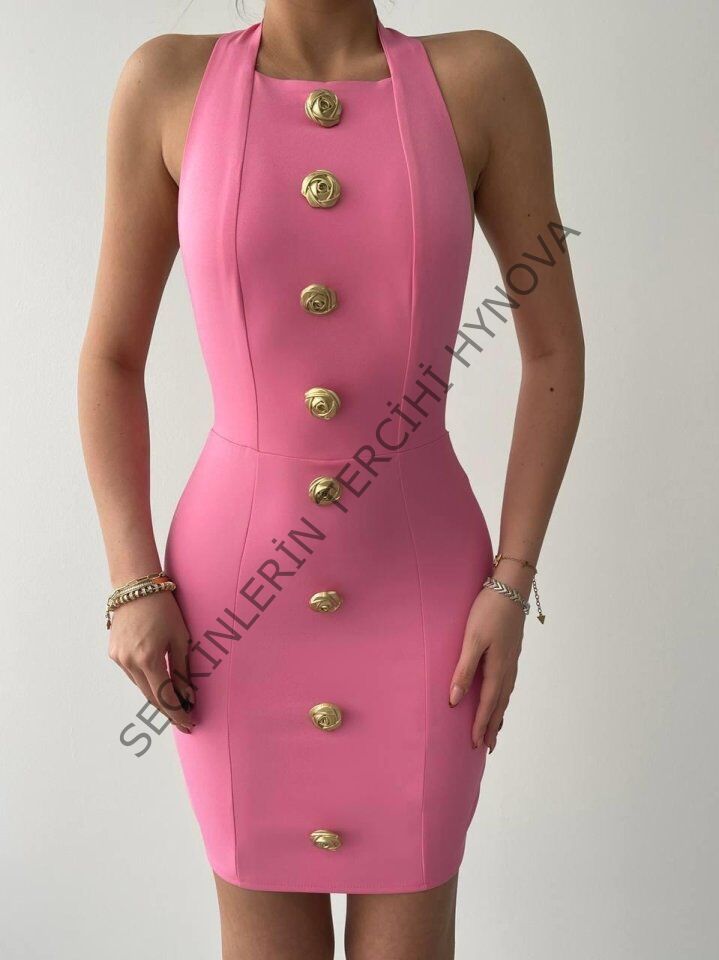 Katalina Gül Düğmeli Elbise