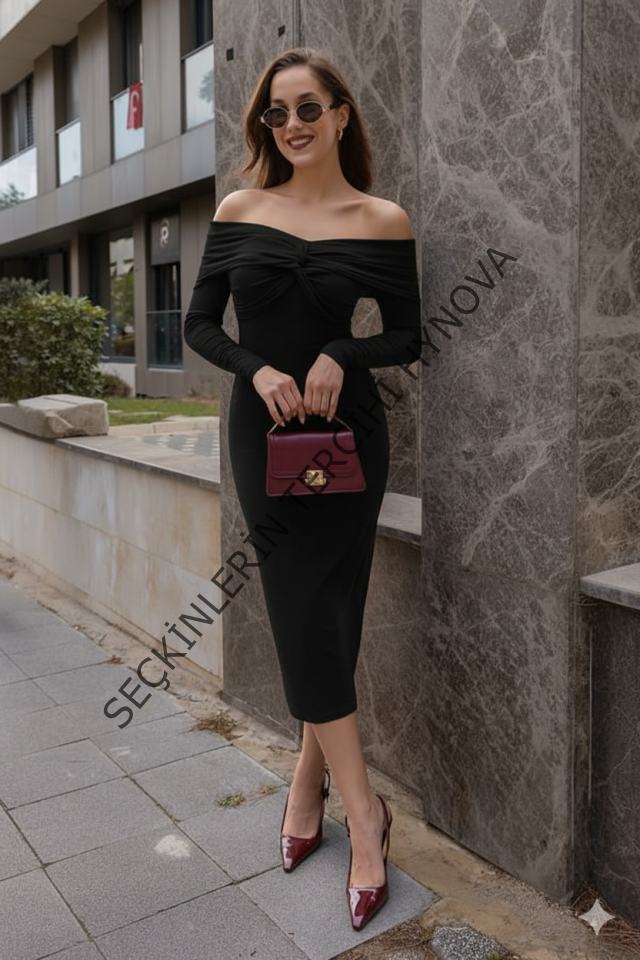 Kadın Uzun Kollu Madonna Yaka Düğüm Büzgü Detay Maxi Boy Elblbise