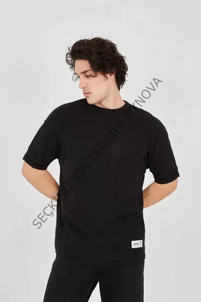 Unisex Jakar Kumaş Rahat Kol T-Shirt - Siyah