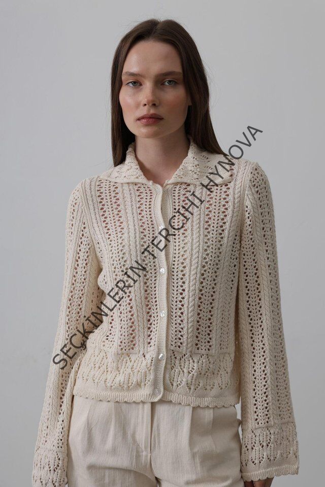 Gömlek Yaka Uzun Kol Triko - Ekru