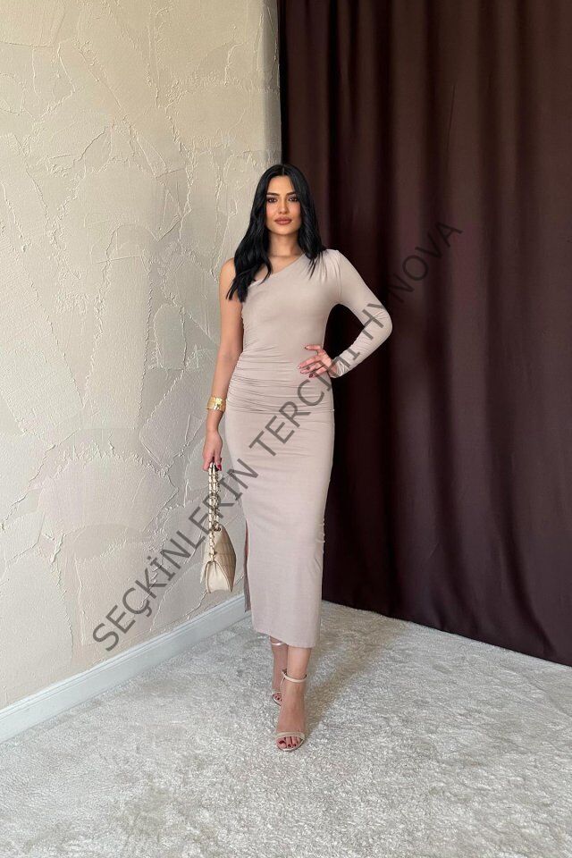 Bej Büzgü Detaylı Tek Omuz Elbise
