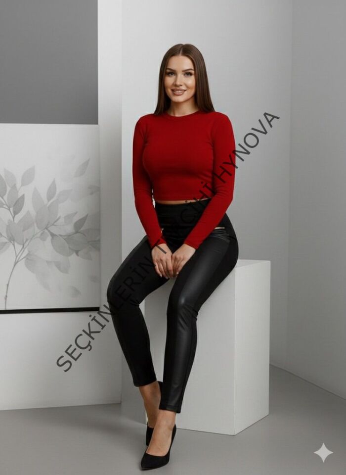 Kadın Yüksek Bel Deri Detaylı Fermuarlı Dalgıç Tayt