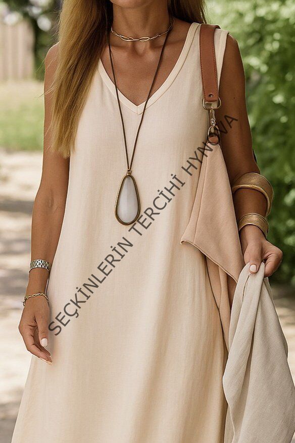 Kadın Kolsuz V Yakalı Maksi Boy Ithal Keten Elbise
