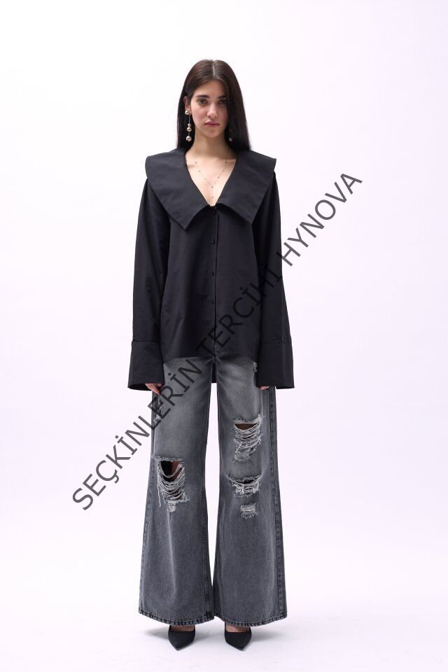 Geniş Yaka Volan Kol Gömlek