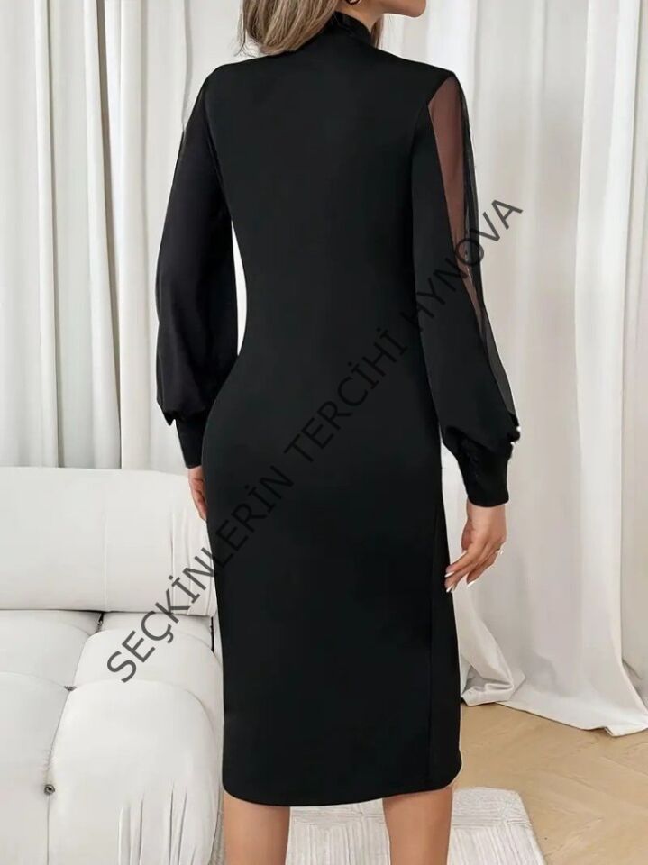 Kadın Uzun Kollu Yarı Balıkçı Yaka Tül Ve Inci Detaylı Kısa Ithal Krep Midi Elbise