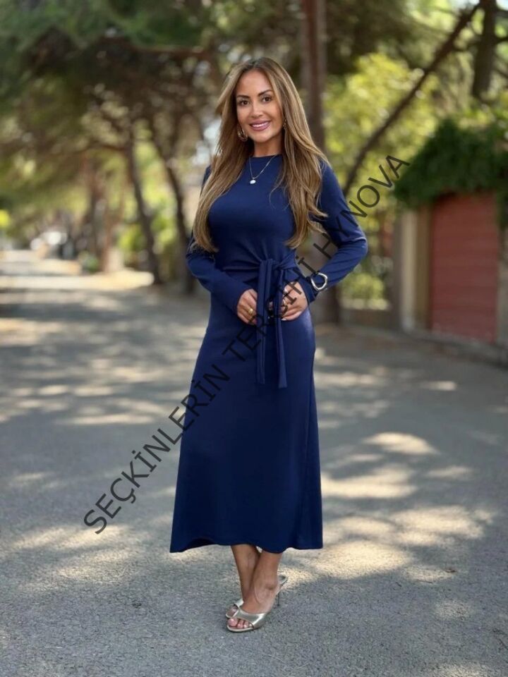 Kadın Uzun Kollu Bisiklet Yaka Yandan Bağlamalı Uzun Modal Elbise