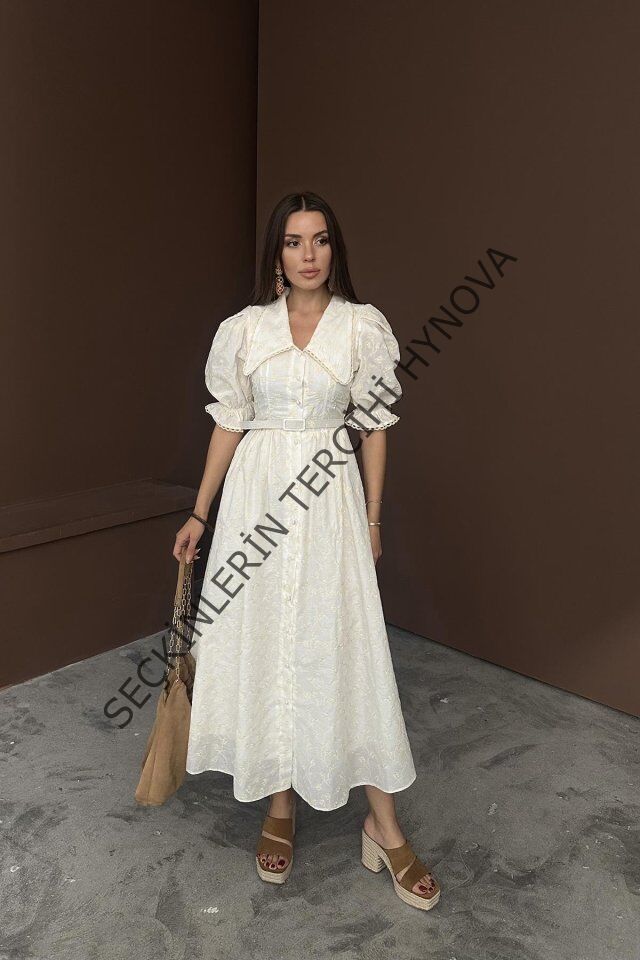 Bej Bebe Yaka Balon Kollu Brode Elbise