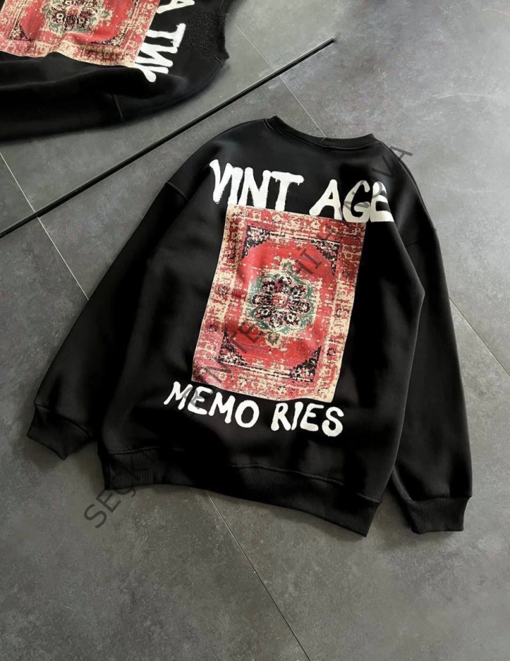 Bisiklet Yaka Üç İplik Baskılı Oversize SweatShirt - Siyah