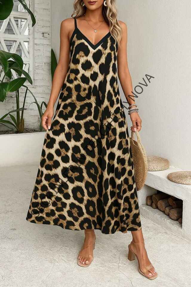 Kadın Ip Askılı Geniş V Yakalı Leopar Desenli Süprem Elbise