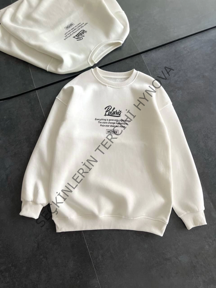 Kışlık Bisiklet Yaka Ön Ve Arka Baskılı SweatShirt - Beyaz