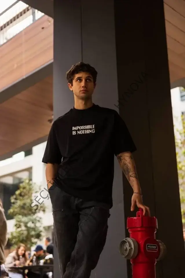 Unisex Bisiklet Yaka Baskılı Oversize T-Shirt - Siyah