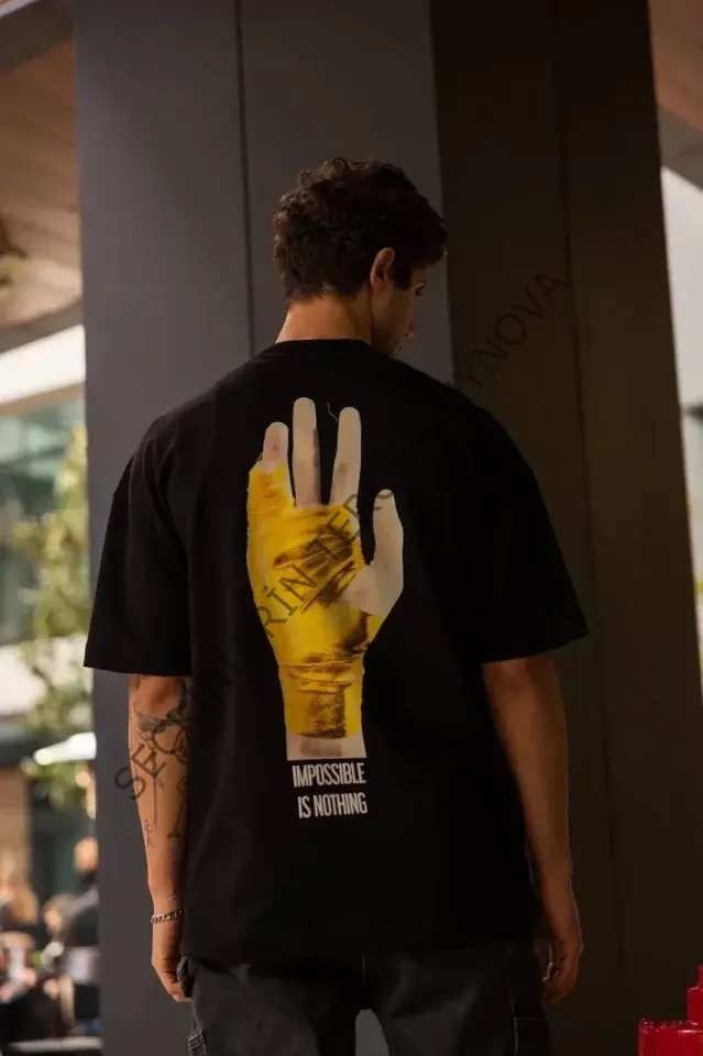 Unisex Bisiklet Yaka Baskılı Oversize T-Shirt - Siyah