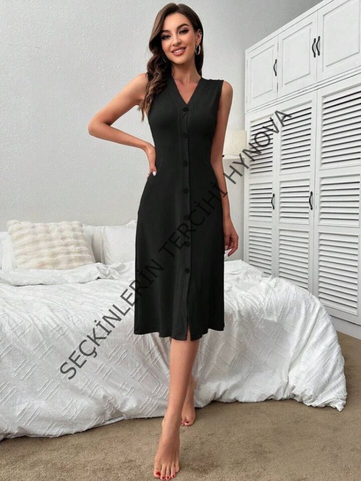 Kadın V Yakalı önden Düğmeli Kaşkorse Elbise