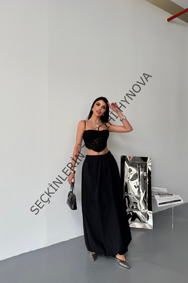 BEL LASTİKLİ BALON ETEK ŞANEL BOY SOFT KUMAŞ - Siyah