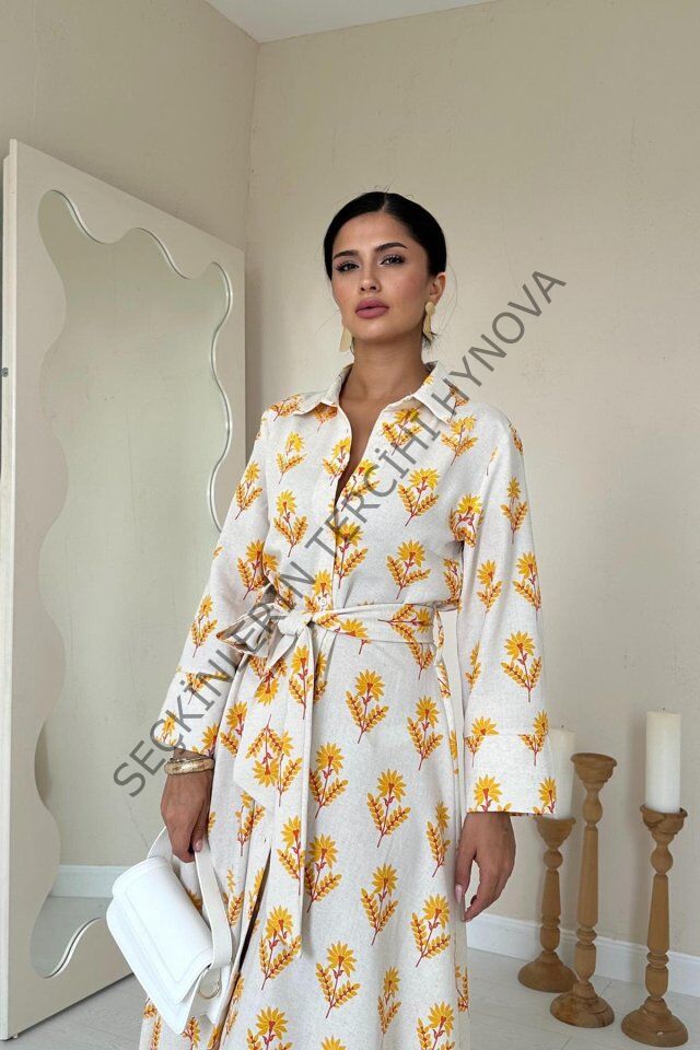 Bej Desenli Ve Önü Düğmeli Keten Elbise