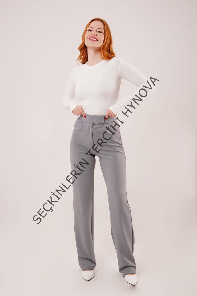 Cırt Kapama Detaylı Gri Pantolon
