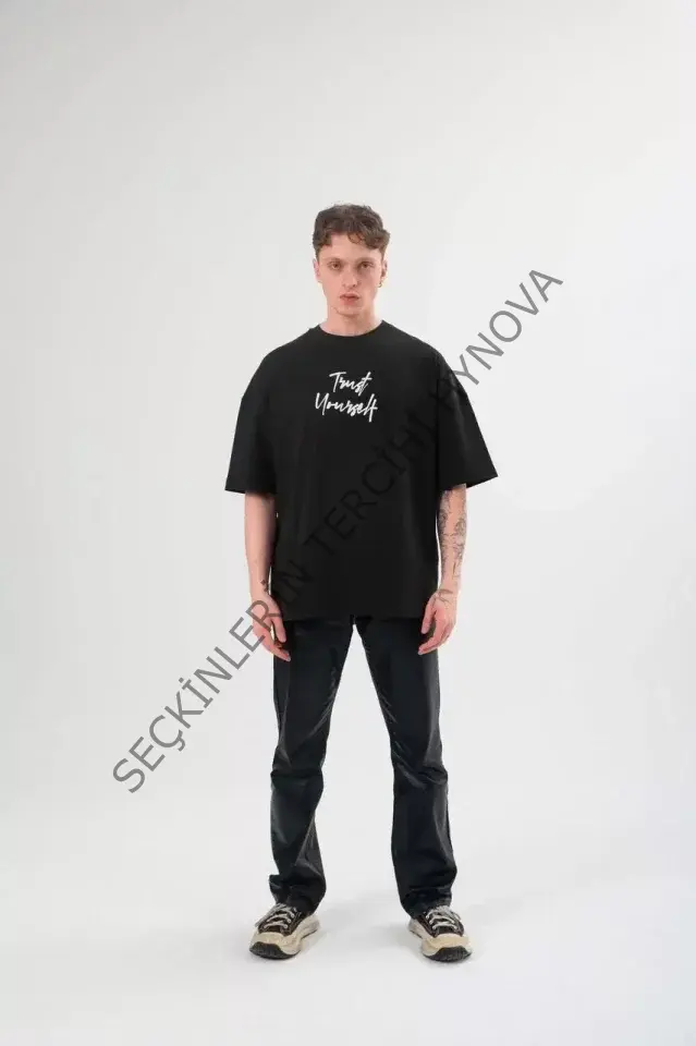 Unisex Bisiklet Yaka Baskılı Oversize T-Shirt - Siyah
