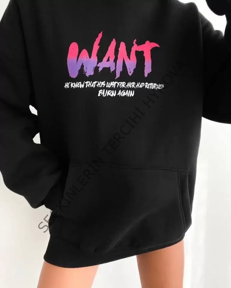 Baskılı Üç İplik Kapüşonlu Oversize Sweatshirt - Siyah