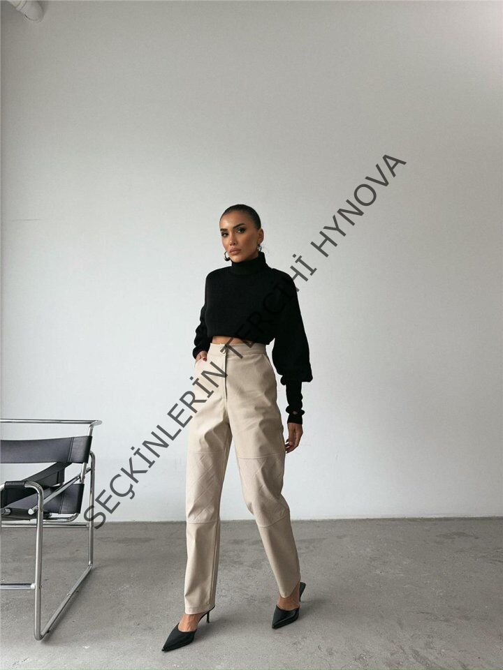 DERİ PANTOLON DİZ PARÇALI - Taş