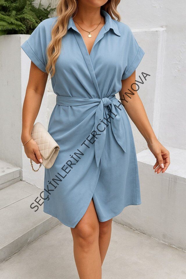 Kadın Kısa Kollu Yakalı Yandan Bağlamalı Dokuma Elbise