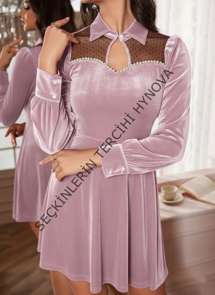 Kadın Uzun Kollu Yakalı Tül Detaylı Incili Mini Kadife Elbise