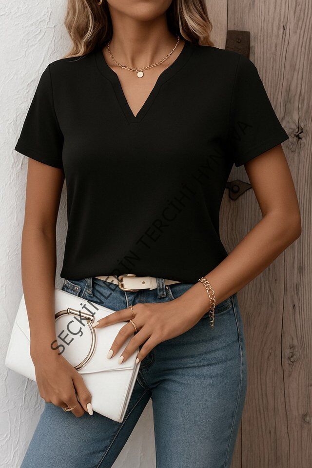 Kadın Kısa Kollu V Yakalı Ithal Krep Elbise