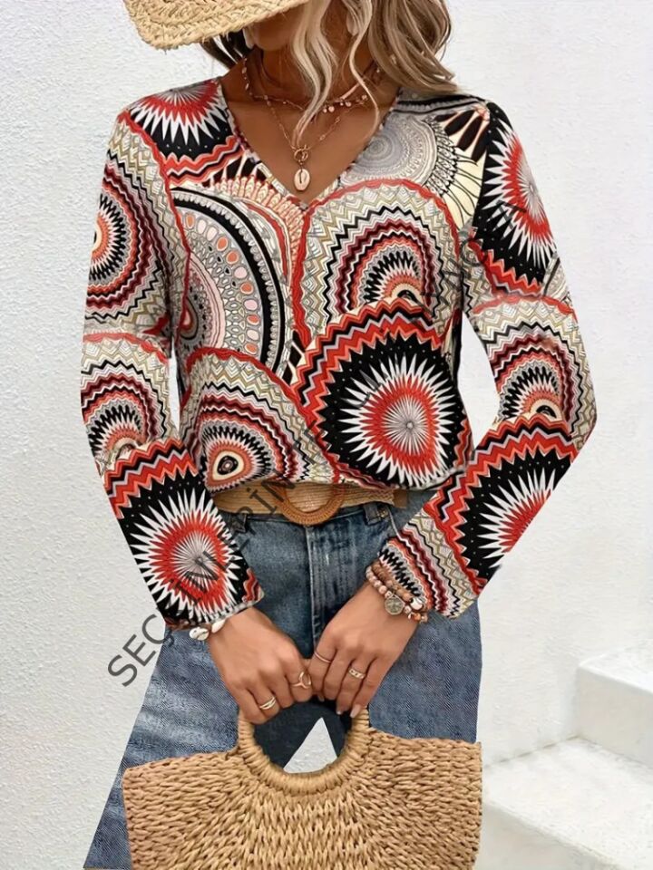 Kadın Uzun Kollu V Yakalı Desenli Süprem Bluz
