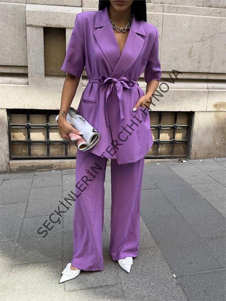 KISA KOL BAĞLAMA DETAYLI CEKET-PANTOLON TAKIM - Mor