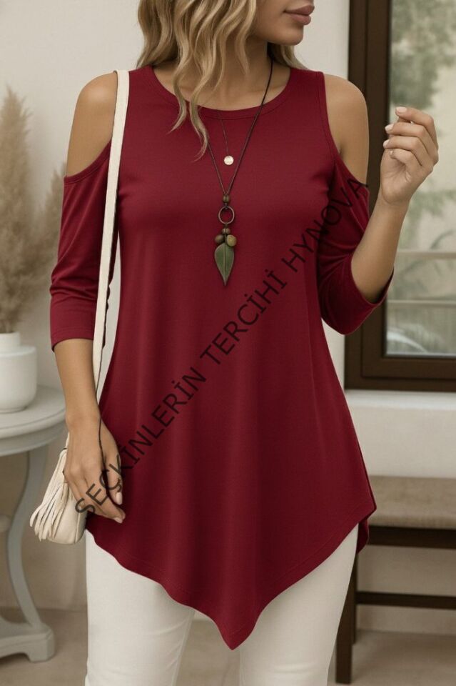 Kadın Omuzlardan Açık Sıfır Yaka Asimetrik Kesim Detay Viskon Bluz
