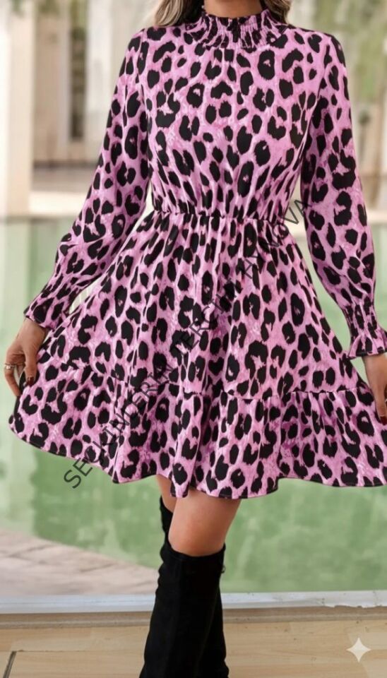 Kadın Uzun Kollu Yarı Balıkçı Yaka Leopar Desenli Modal Mini Elbise
