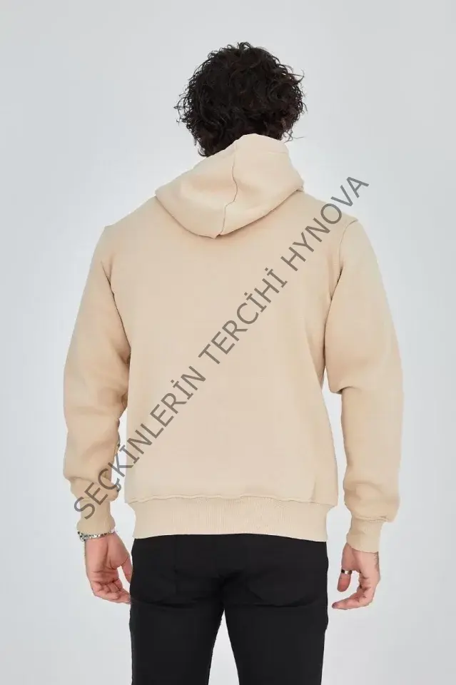 Erkek Kapüşonlu Baskılı Fermuarlı Hırka - Bej