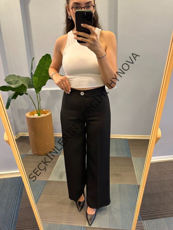 Yüksek Bel Palazzo Metal DüğmePantolon