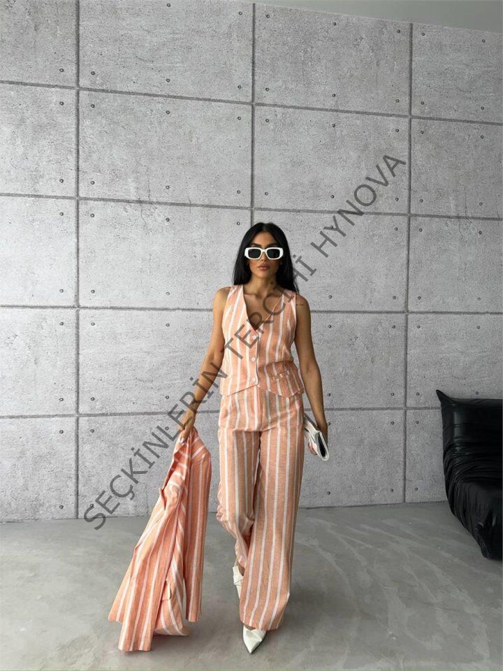 ÇİZGİLİ CEKET KETEN - Orange