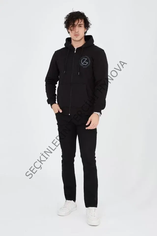 Erkek Kapüşonlu Baskılı Fermuarlı Hırka - Siyah