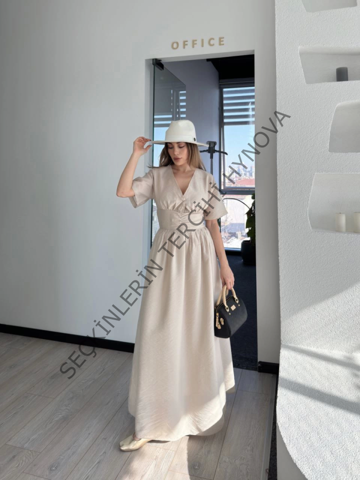 Kısa Kollu Uzun Elbise - Kırık Beyaz