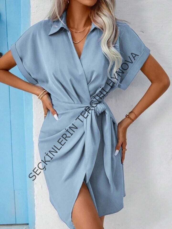 Kadın Kısa Kollu Yakalı Yandan Bağlamalı Dokuma Elbise