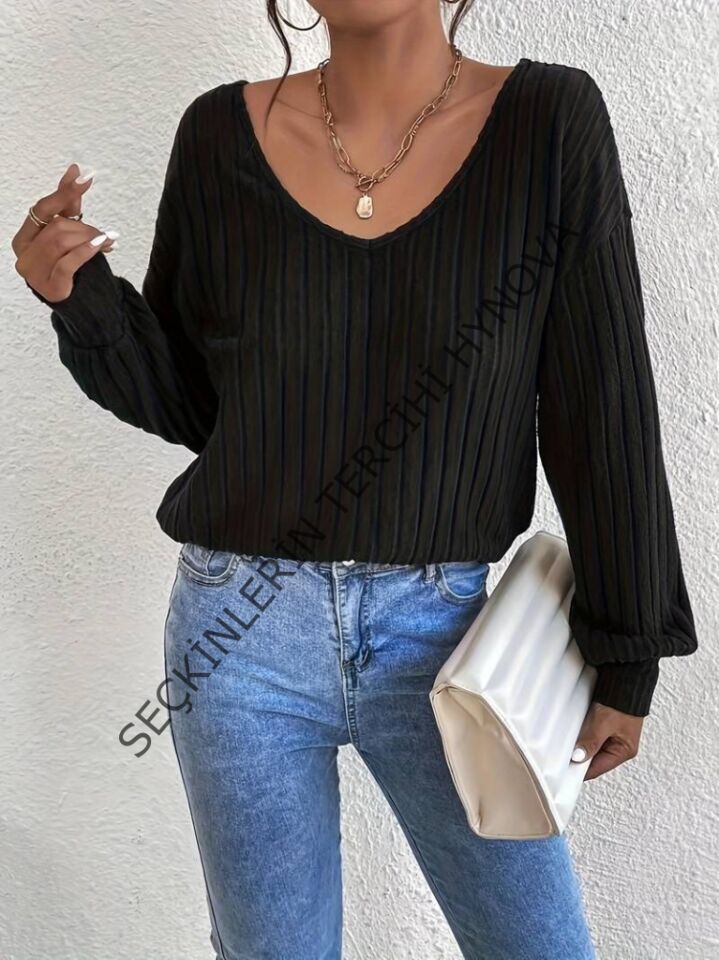 Kadın Uzun Kollu V Yakalı Pencere Sırt Dantel Detaylı Kalın Fitilli Kaşkorse Bluz