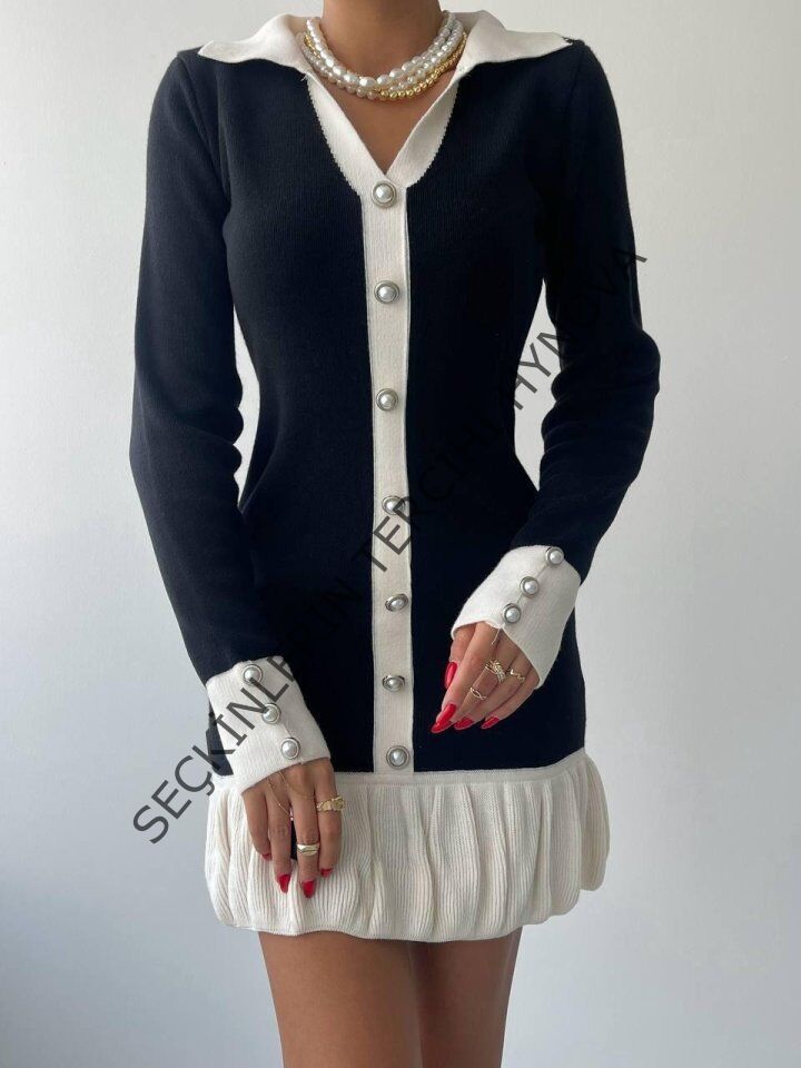 Bochum İnci Düğmeli Mini Elbise