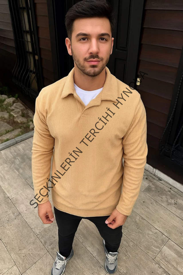 Erkek Fitilli Polar Sweatshirt – Düğmesiz Polo Yaka, Oversize Rahat Kalıp, Kalın Polar Kumaş, Kışlık Ve Baharlık Şık Günlük Üst - Bej