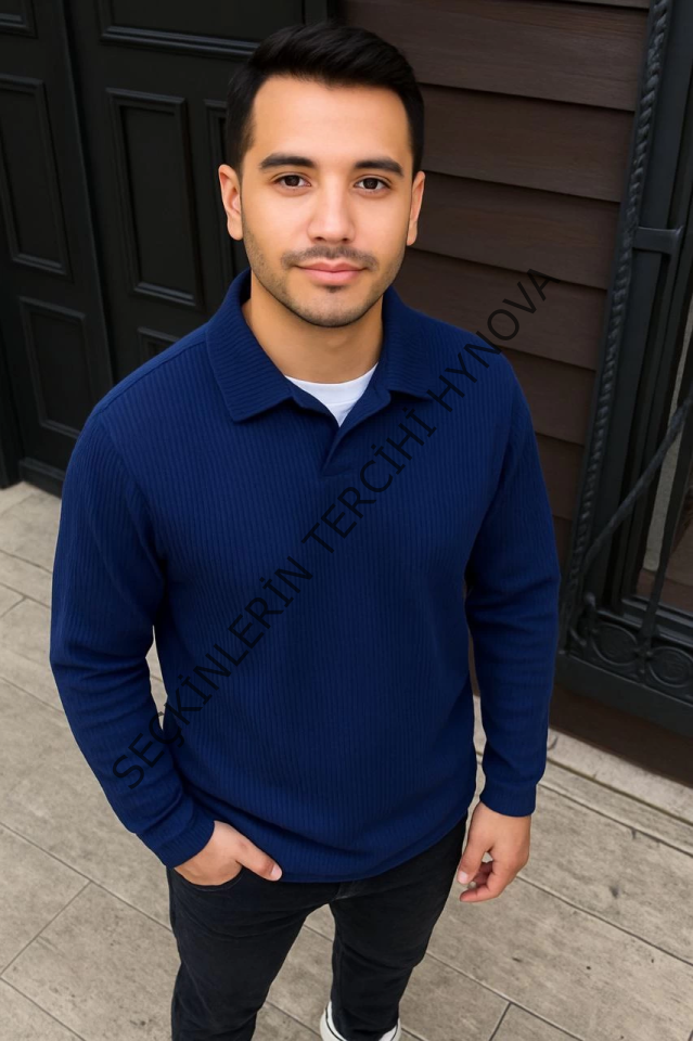 Erkek Fitilli Polar Sweatshirt – Düğmesiz Polo Yaka, Oversize Rahat Kalıp, Kalın Polar Kumaş, Kışlık Ve Baharlık Şık Günlük Üst - Lacivert
